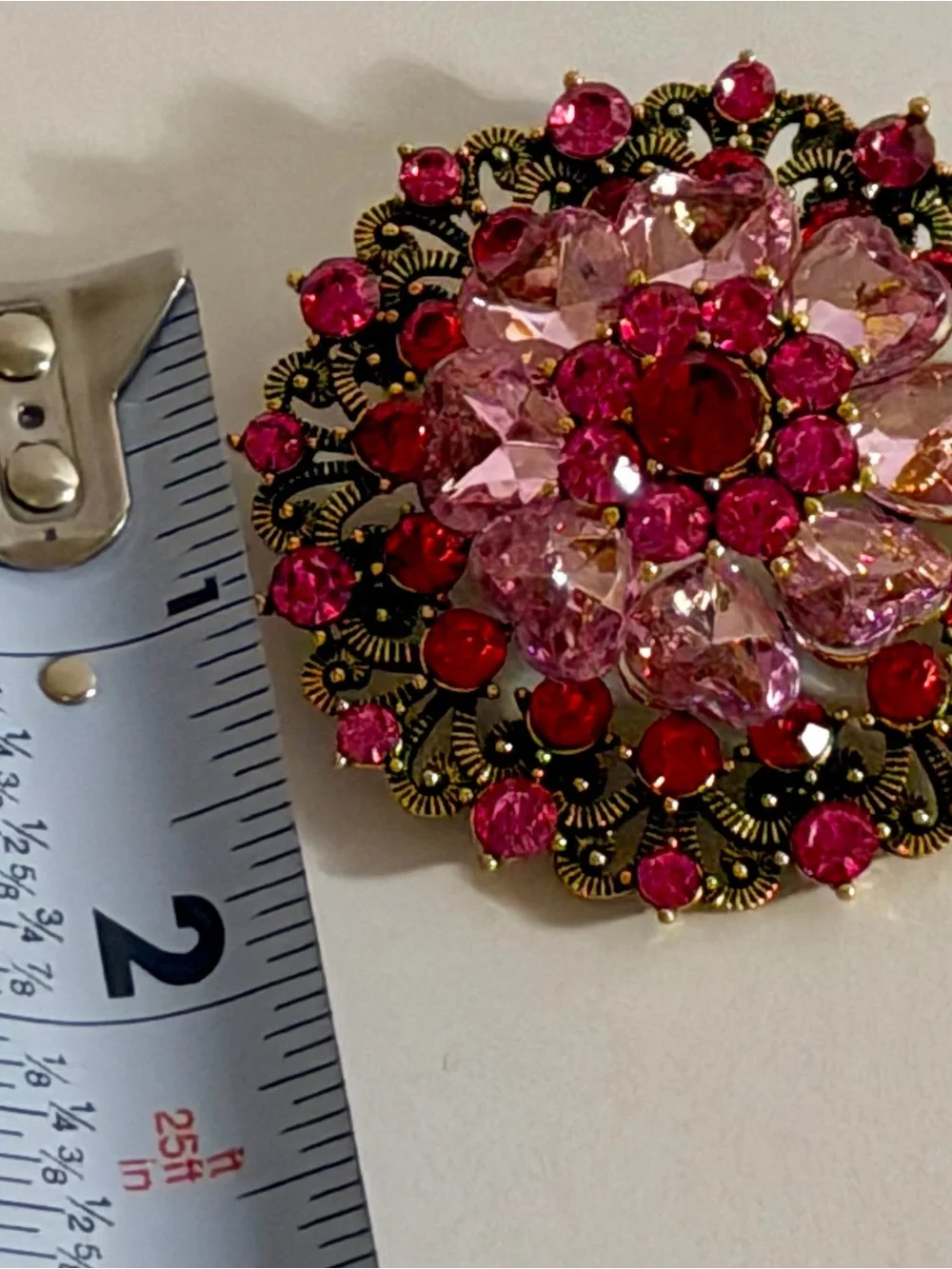 Vintage Style Pink Red Rhinestone Flower Brooch Gold Tone Filigree Statement Pin